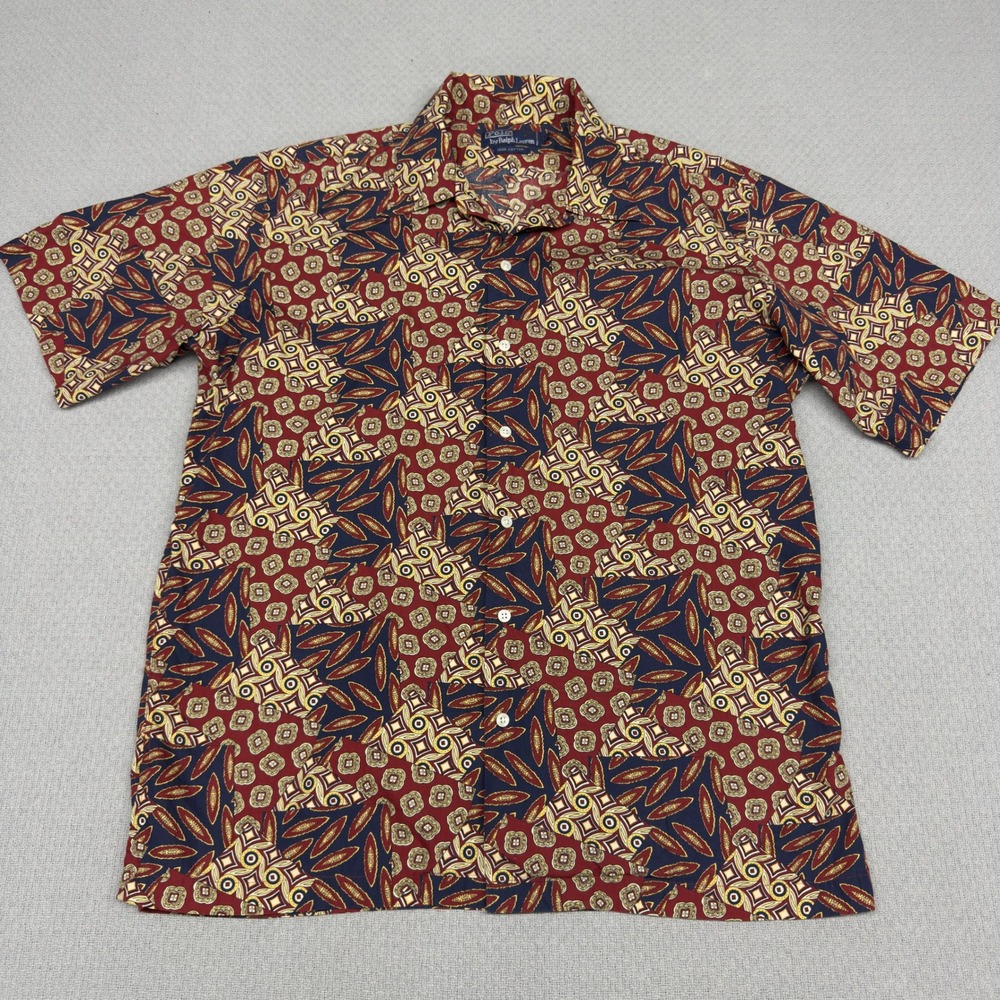Polo Ralph Lauren Shirt Mens Medium Floral Geometric Patchwork Beach Casual